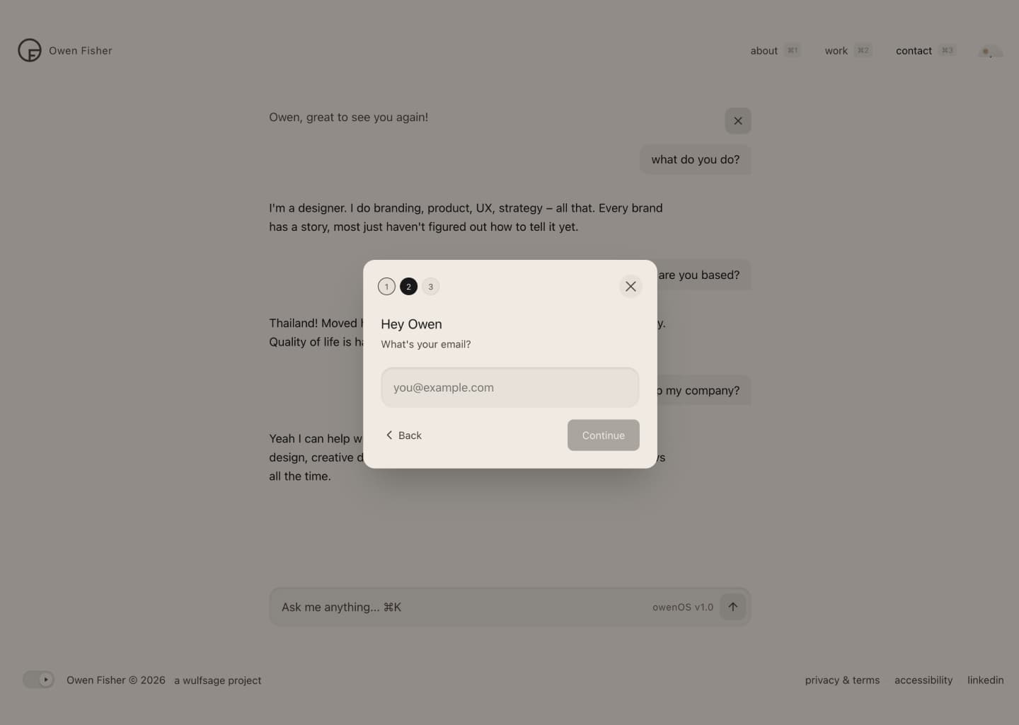 Contact form modal overlaying AI chat with email capture flow