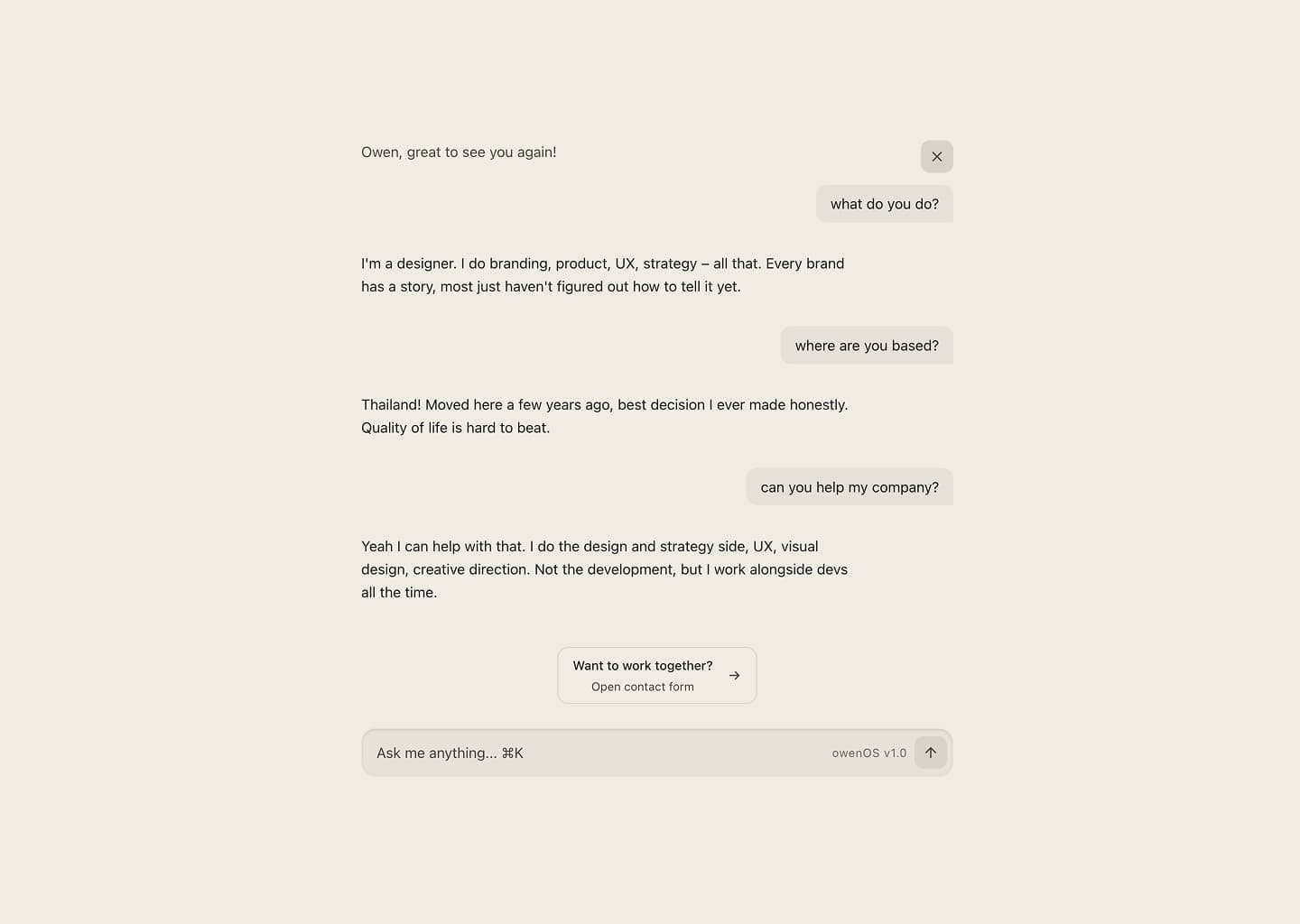 AI chat conversation with natural language Q&A and work-together CTA