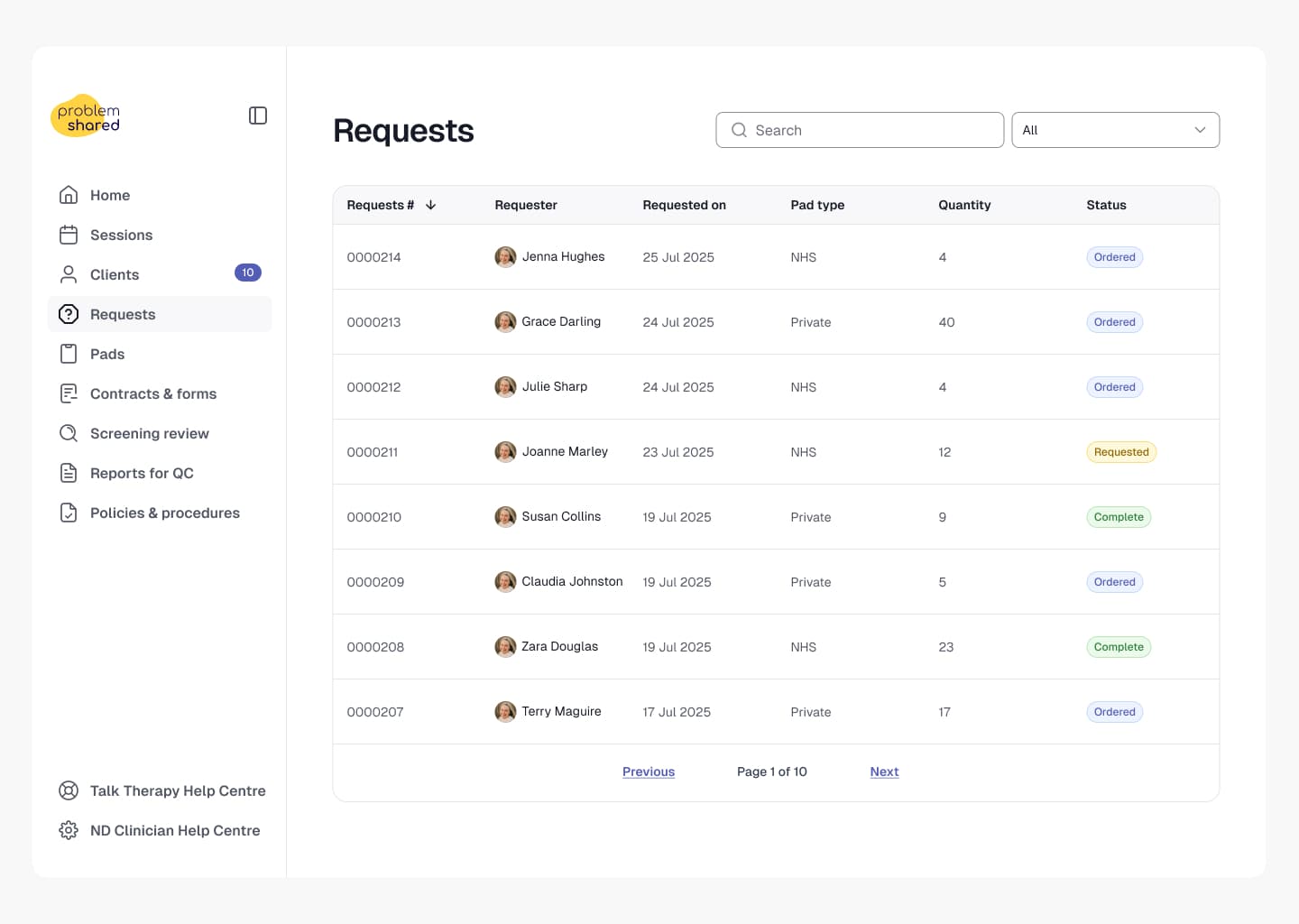 Requests data table with status badges and pagination