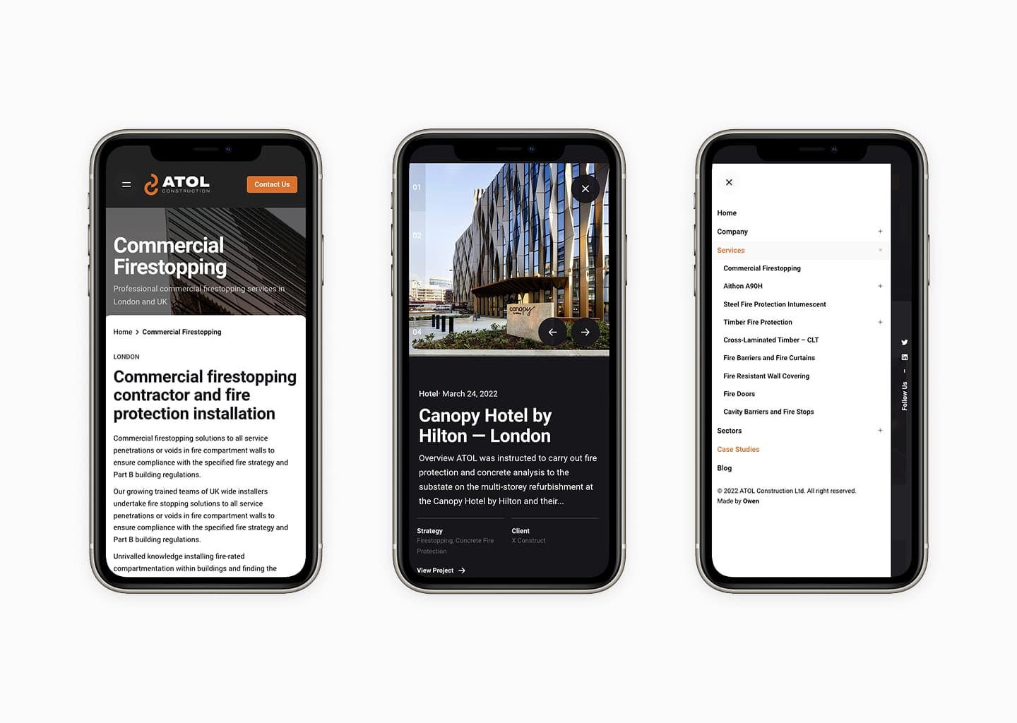 ATOL responsive mobile views — service page, case study, and navigation