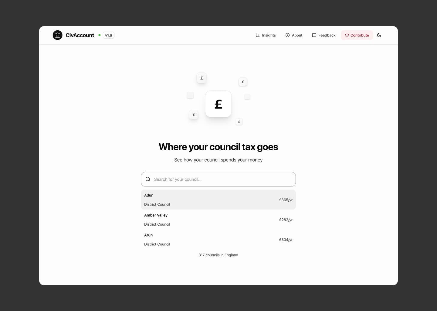 CivAccount homepage showing a council financial dashboard