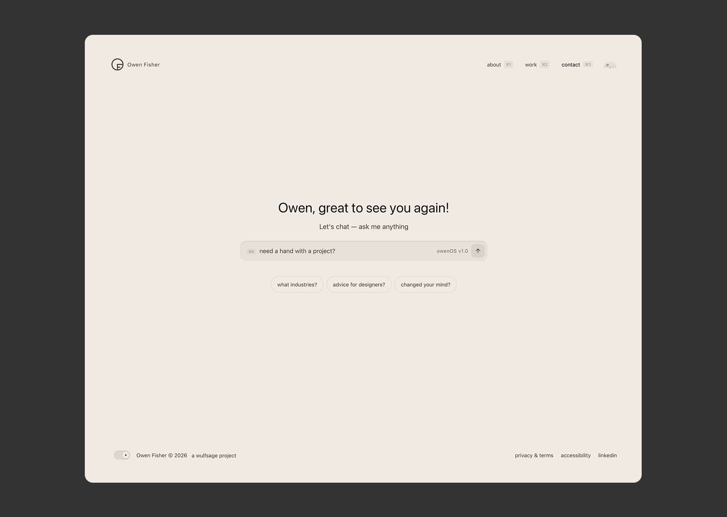 owenfisher.co homepage with an AI question prompt instead of a project grid